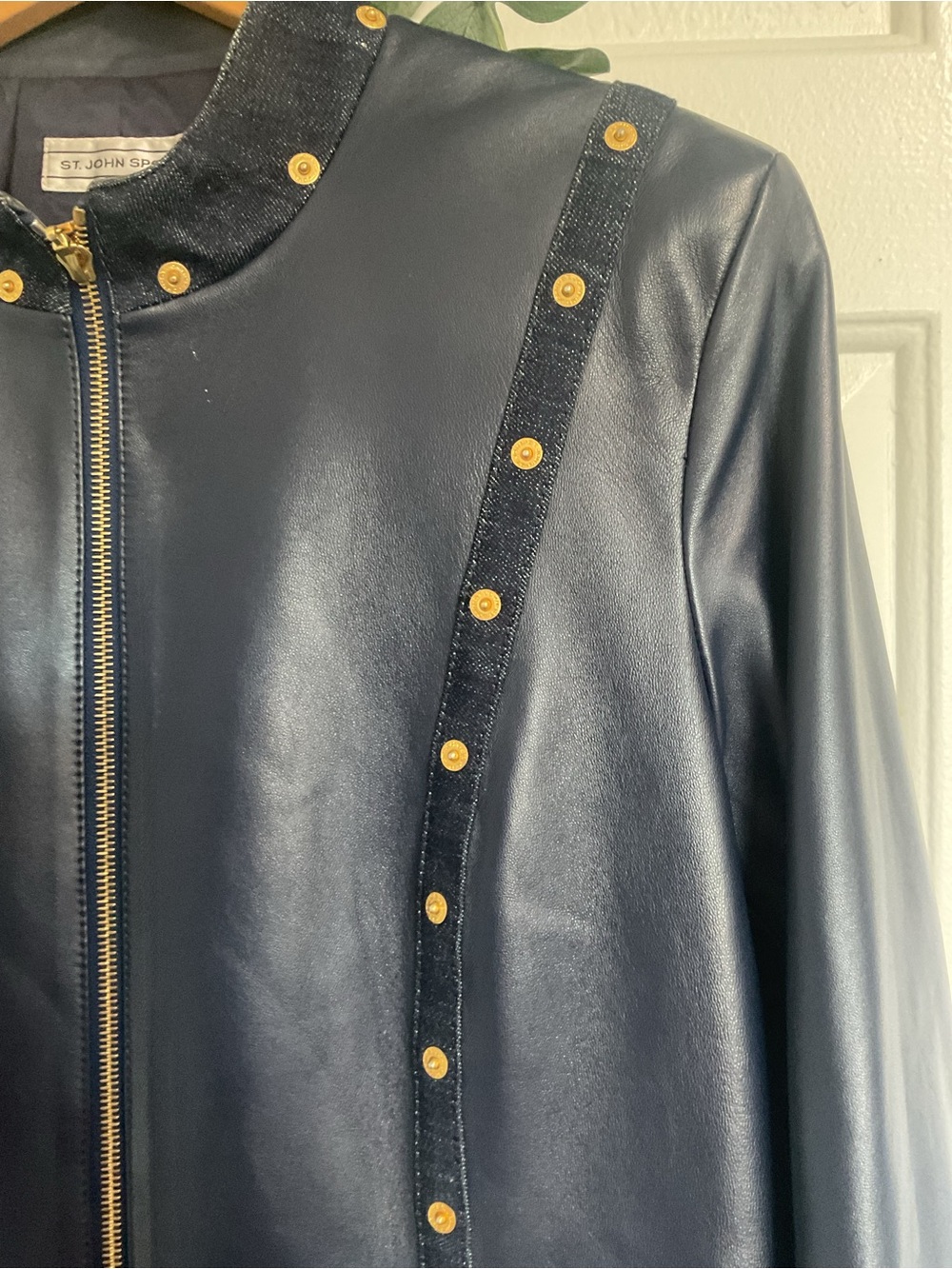 Women's Navy Leather Stud-Trim Zip Jacket - Picture 4 of 10